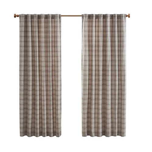 Plaid Rod Pocket and Back Tab Curtain Panel with Fleece Lining Brown 50x84"、、eastwooduniform