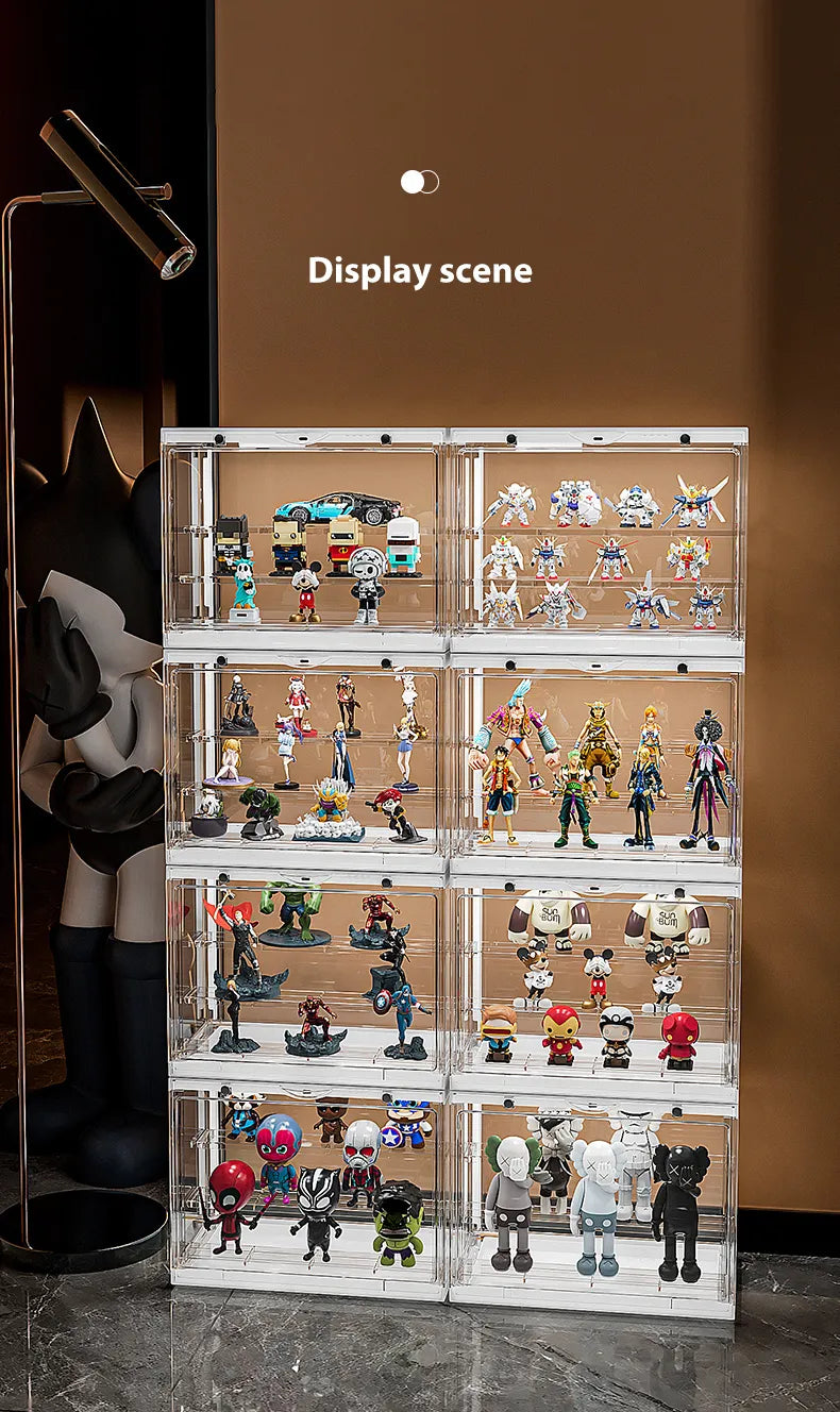 Showcase multiple mini figure display boxes in a real-life display scene.