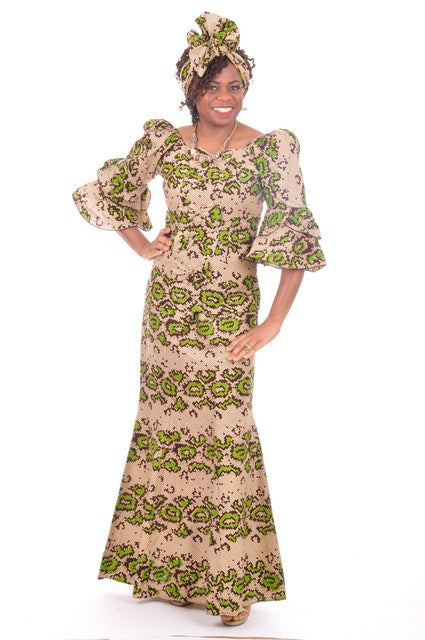 Green Beige Brown African Print Top and Skirt-DP3288、mySite、solidvoid