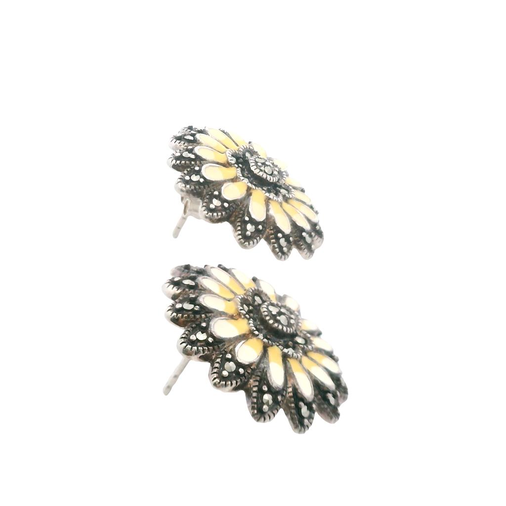 Estate Sterling Silver Marcasite & Yellow Enamel Flower Stud Earrings、mySite、botmansion