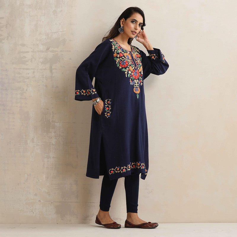 Woolen Kurta For Women | Floral Embroidered | Blue、mySite、camillekostekn