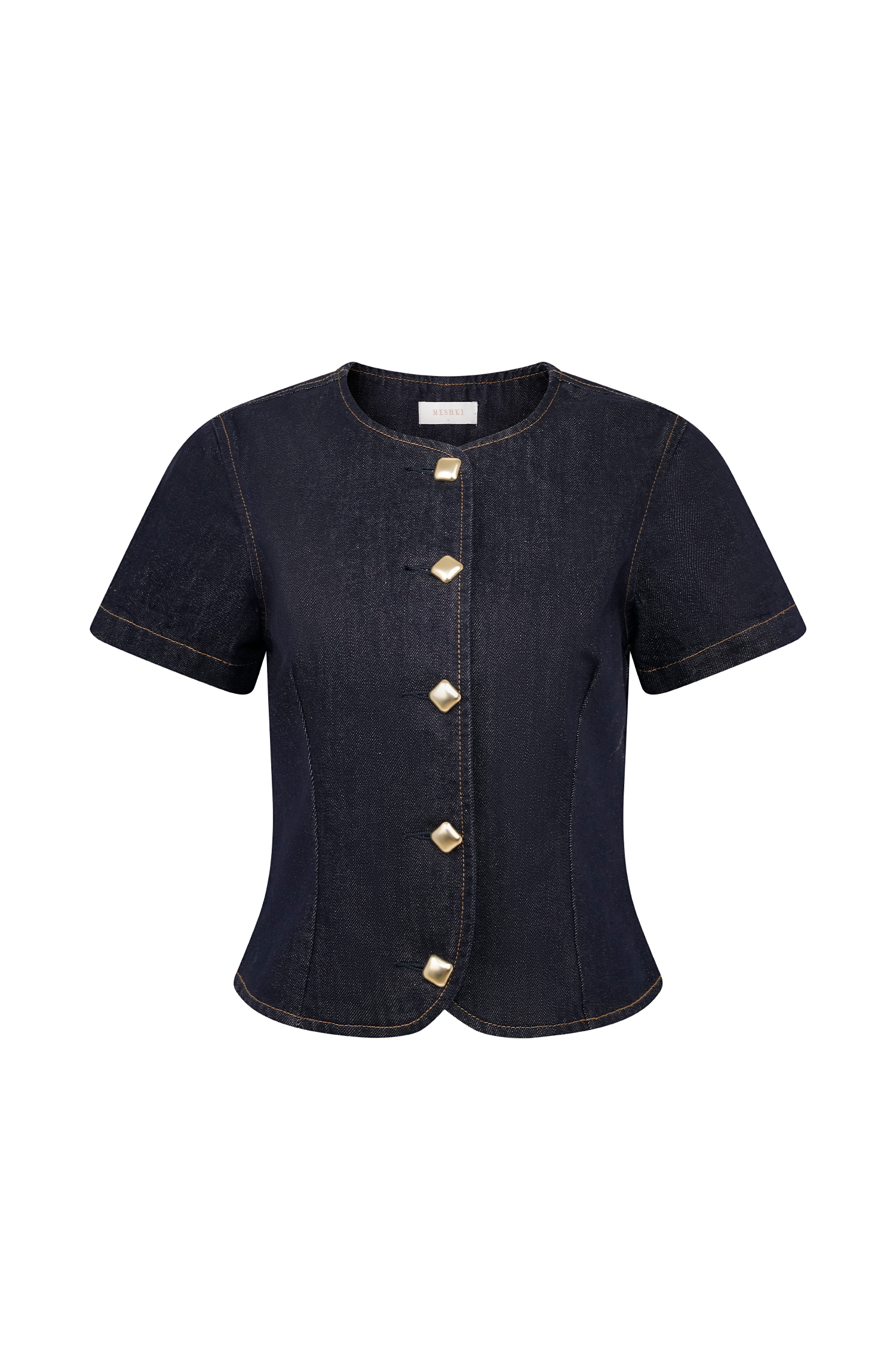 Bethany Short Sleeve Buttoned Denim Top - Washed Indigo Blue、mySite、solidvoid