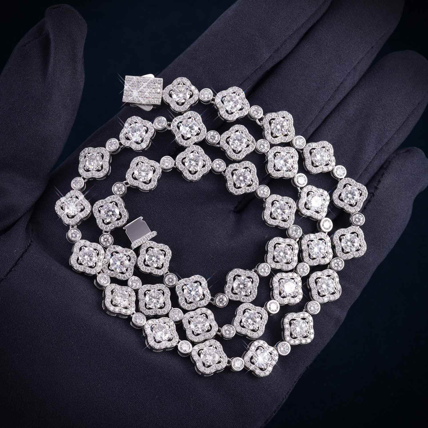 10MM Moissanite Four-Leaf Halo Link Chain 14K Gold、mySite、hinf8tx79