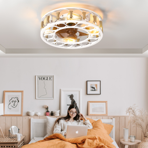 Caged Ceiling Fan with Lights Remote Control, Low Profile Flush Mount Farmhouse Modern Ceiling fans, 6 Speeds Reversible Blades, 5 LED Bulbs Include(Black)、、eastwooduniform