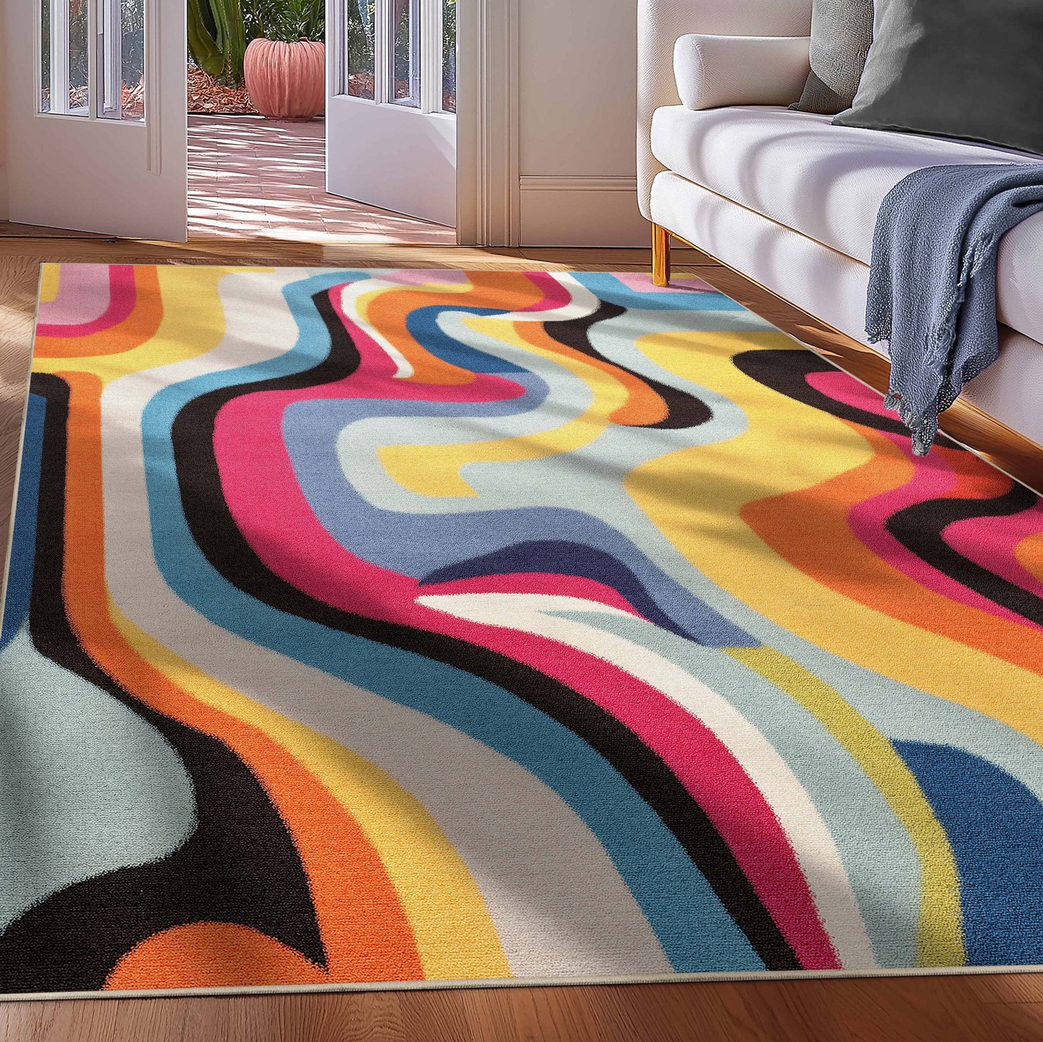 Apollo Strokes Colorful Waves Abstract Vibrant Stain-Resistant Rug - Easy to Clean、mySite、gigharbornorthrealestate