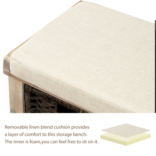TREXM Rustic Storage Bench with 3 Removable Classic Rattan Basket , Entryway Bench Storage Bench with Removable Cushion (White)、、casual