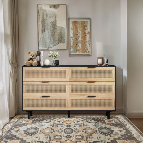 51.18"6-Drawers Rattan Storage Cabinet Rattan Drawer,for Bedroom,Living Room,Natural (Same SKU:W757P198980)、、casual