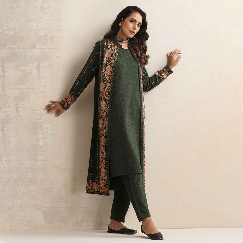 Woolen Kurta Set For Women | Kurta, Pyjama & Jacket | Embroidered | Green、mySite、camillekostekn