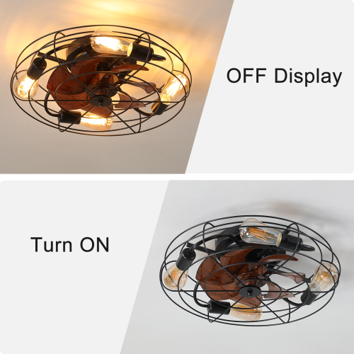 Caged Ceiling Fan With Light, 20'' farmhouse Low Profile Ceiling fan Lights With Remote Control, Modern Enclosed 4x E26 Bulb Ceiling Fans With Reversible Motor Living Room Bedroom Kitchen, Black、、eastwooduniform