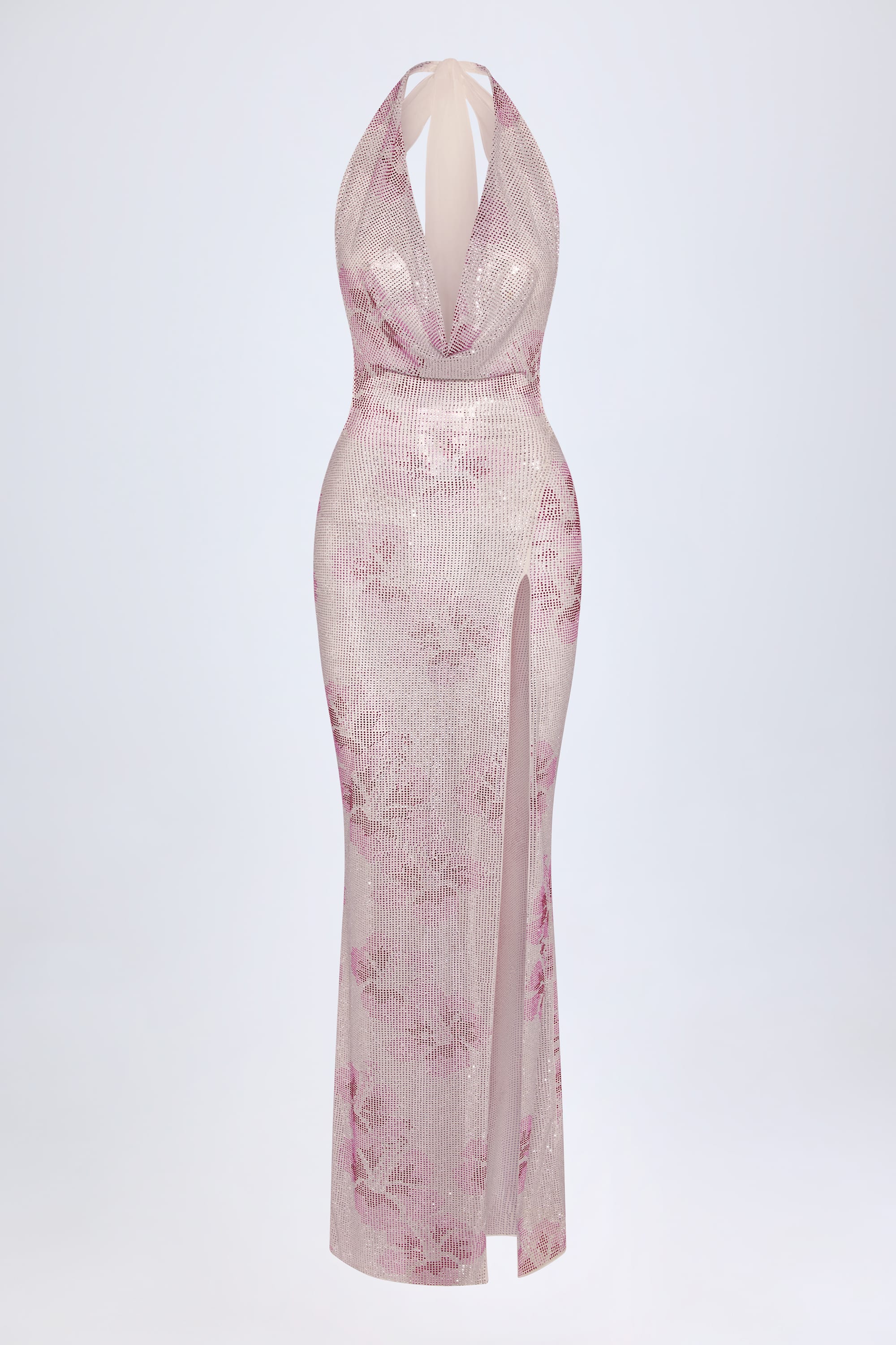  Embellished Cowl-Neck Maxi Dress in Pink and White Hotfix、mySite、sugarbowlscore