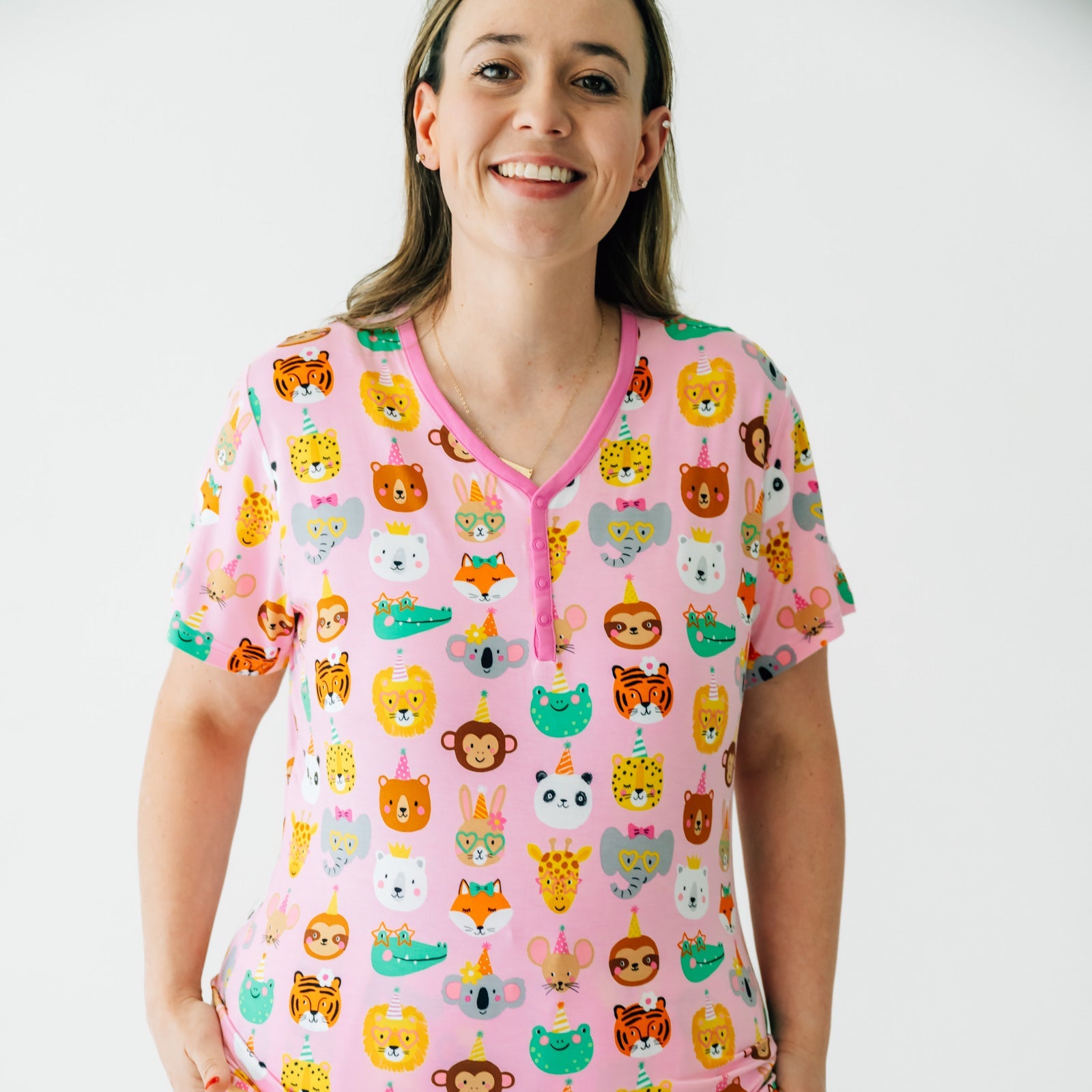  Pink Party Pals Women's Short Sleeve Pajama Top、mySite、layawaytickets