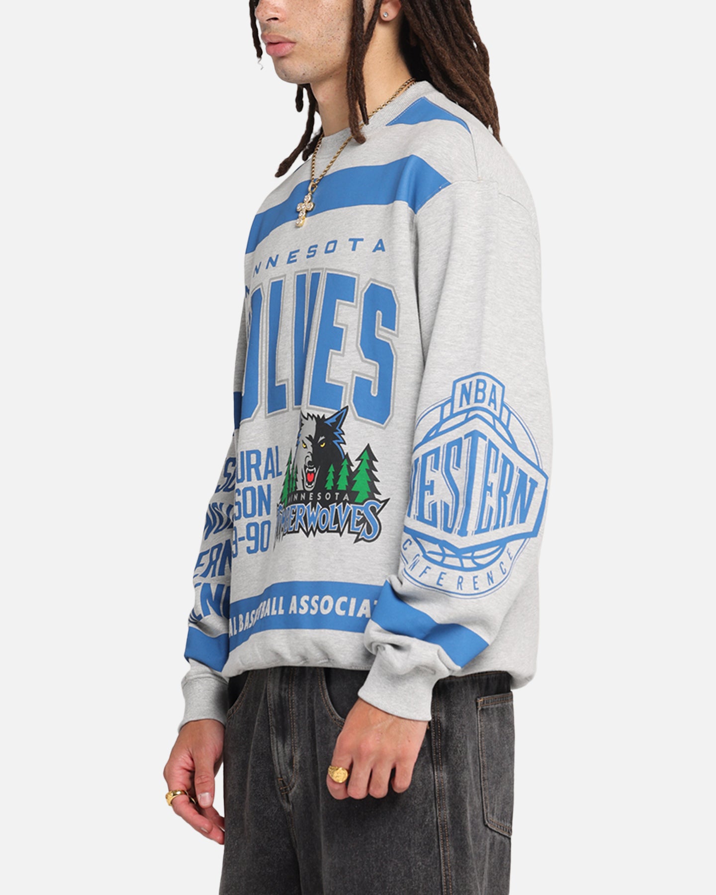 Mitchell & Ness Minnesota Timberwolves Letterform Crewneck Grey Marle/Official Team Color、mySite、zt4zffjzw