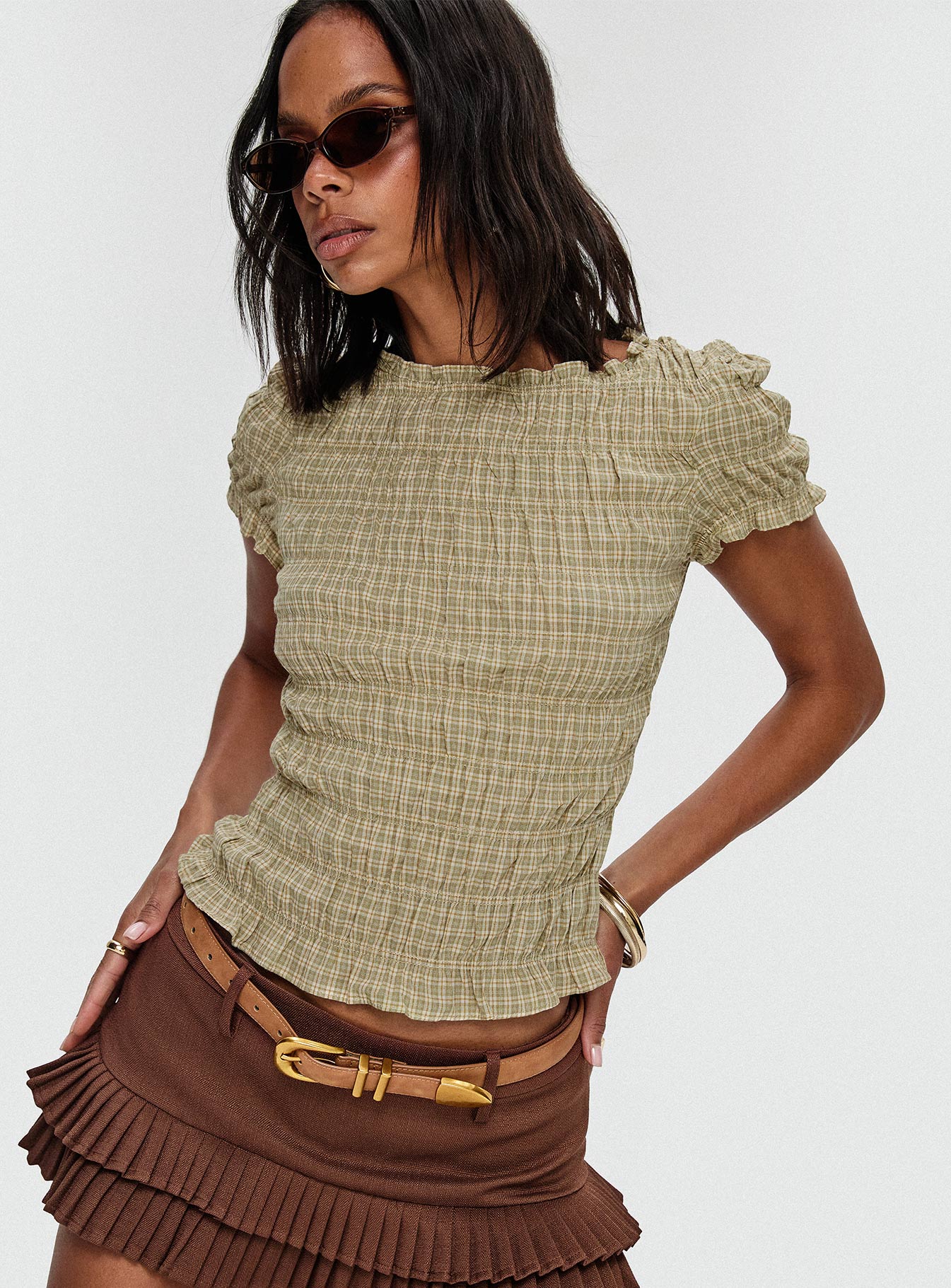 Romelle Shirred Top Green / Brown Plaid、mySite、solidvoid