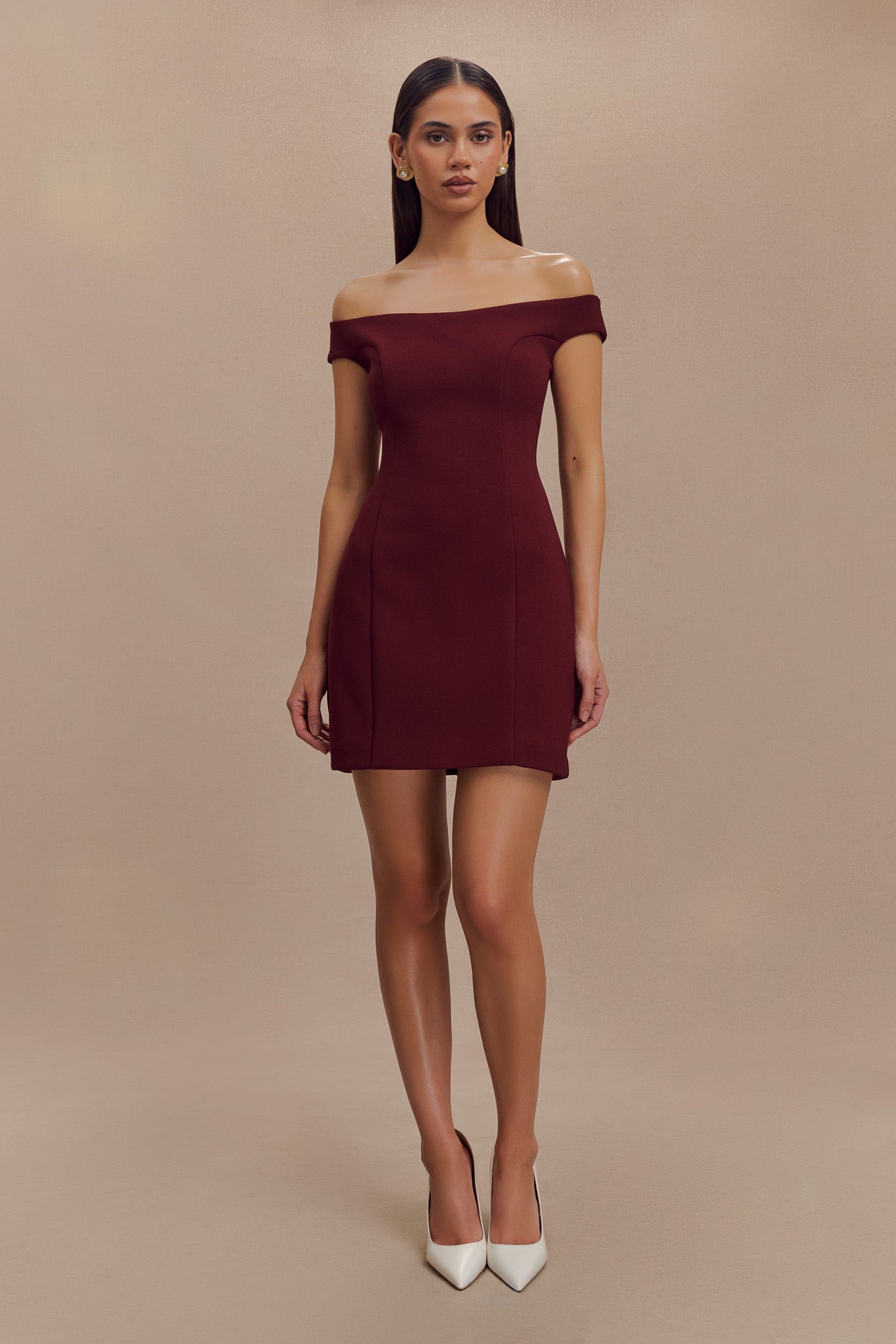Cassidy Crepe Off Shoulder Mini Dress - Merlot、mySite、solidvoid