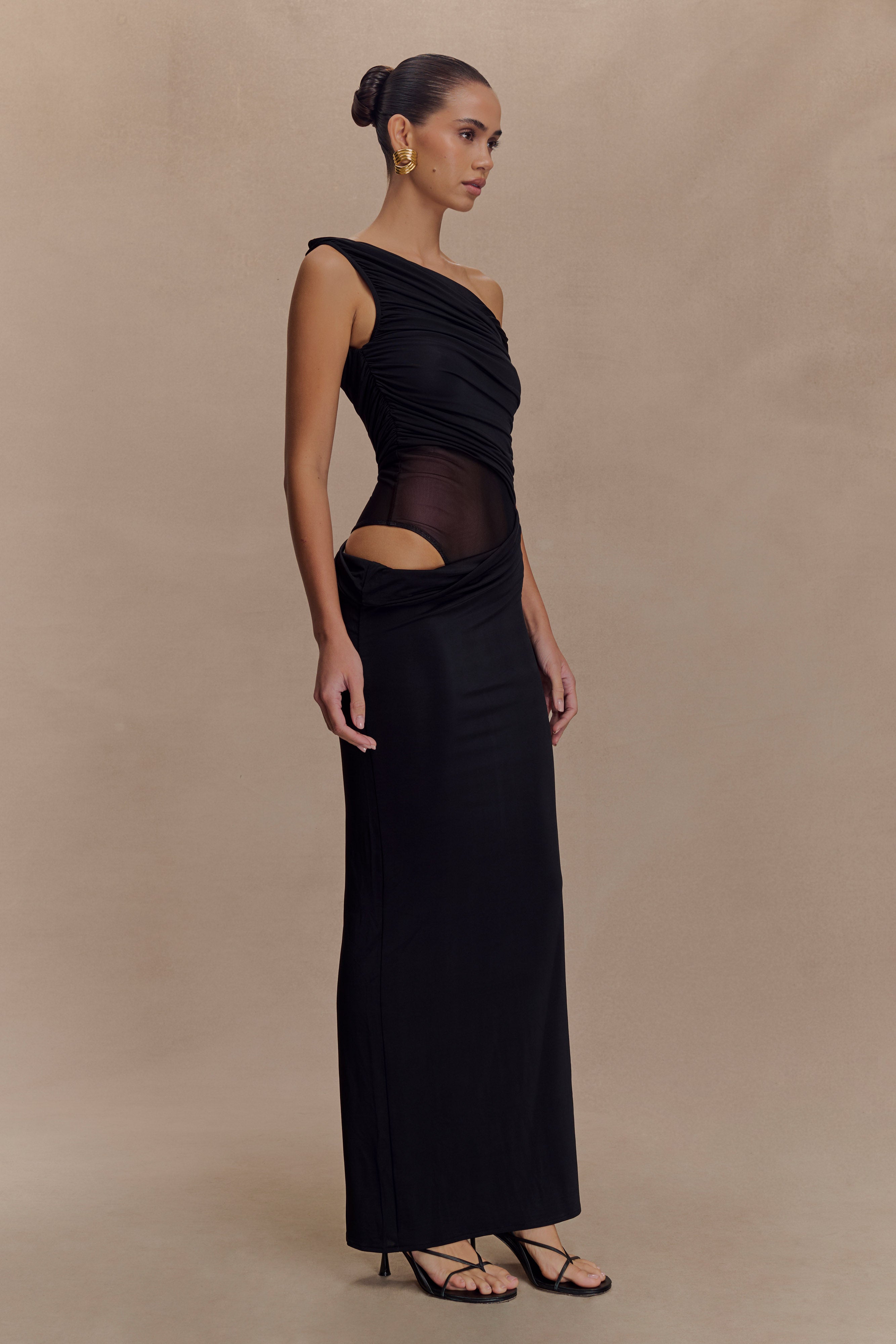 Callen One Shoulder Slinky Maxi Dress - Black、mySite、solidvoid