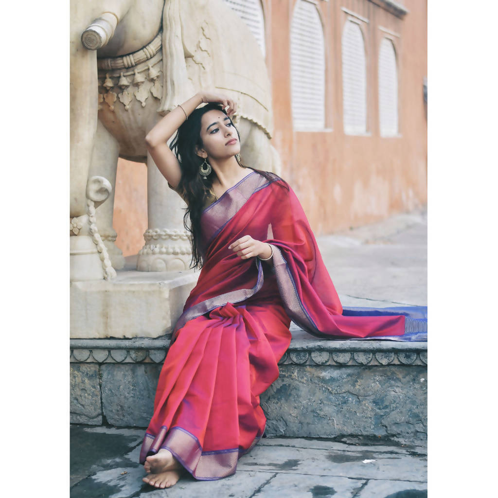 Maheshwari Cotton Silk Saree | Red & Blue、mySite、camillekostekn