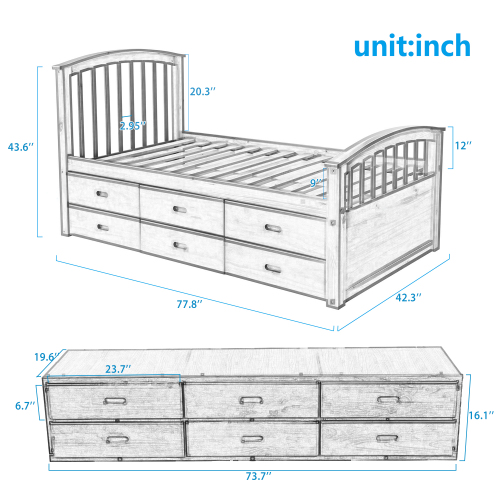 Orisfur. Twin Size Platform Storage Bed Solid Wood Bed with 6 Drawers、、casual