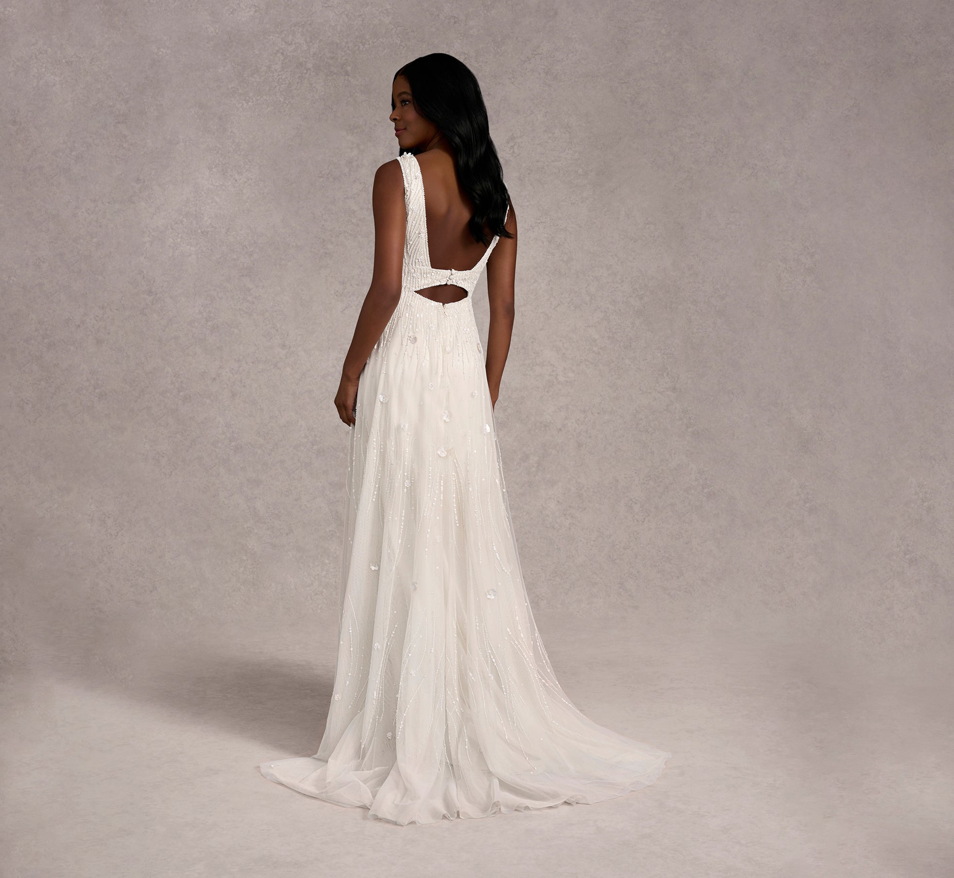 Handed Beaded Mesh Double Waist Soft A-Line Gown In Ivory Ivory、mySite、solidvoid