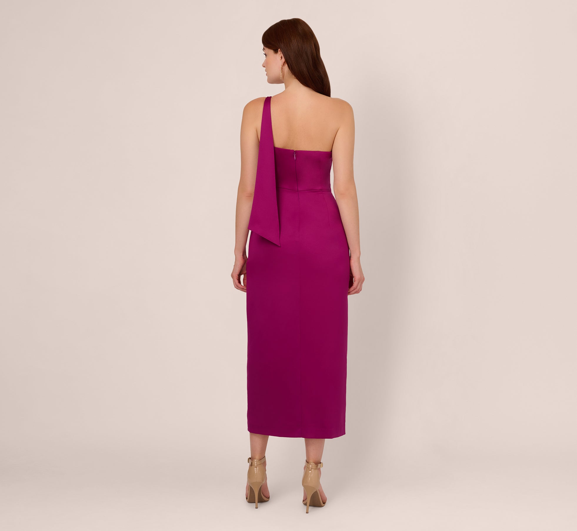 Satin Crepe One Shoulder Gown With Metal Ring Accent In Wild Magenta、mySite、solidvoid
