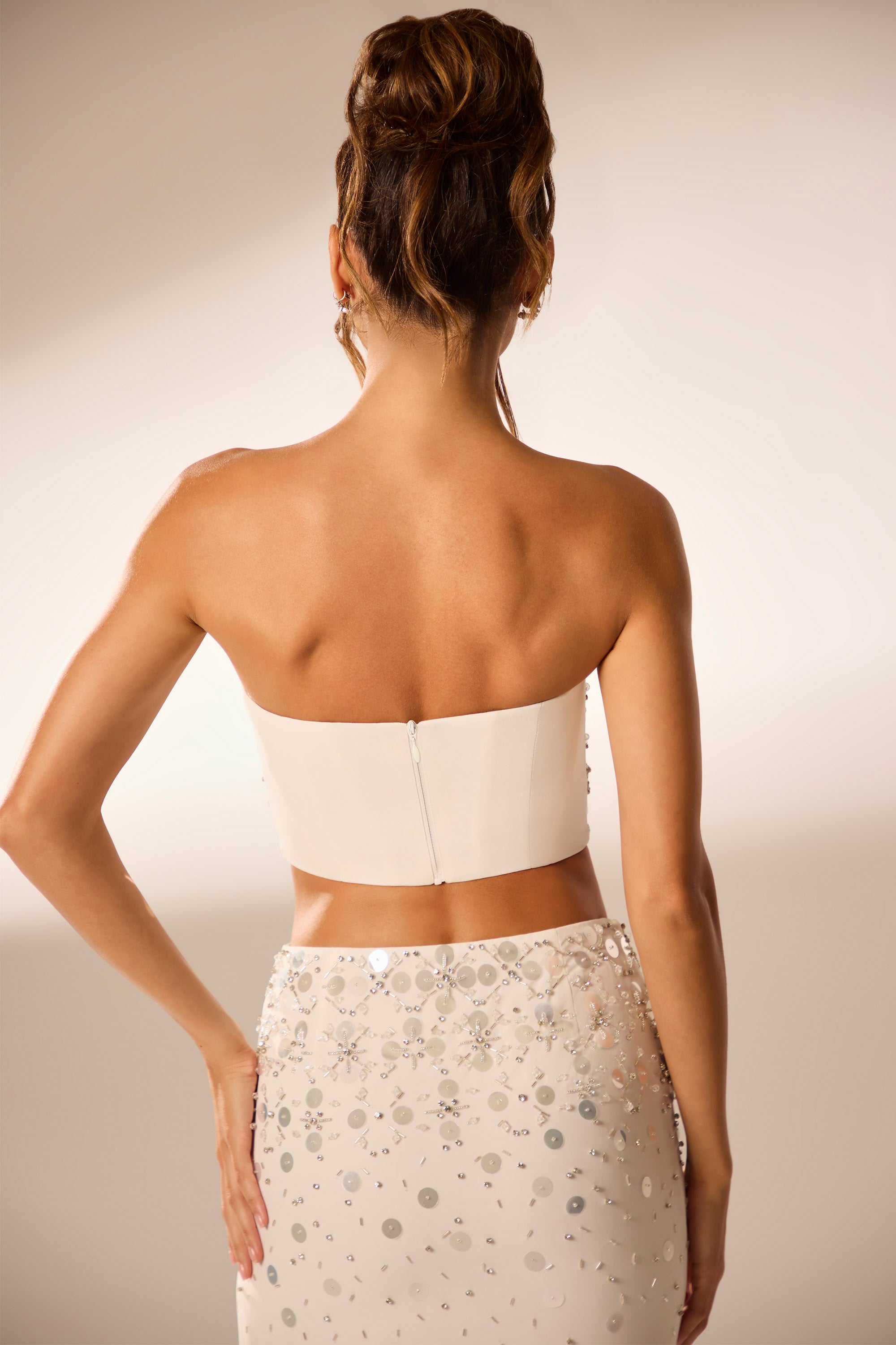 Hand Embellished Bandeau Corset Crop Top in Ivory、mySite、solidvoid