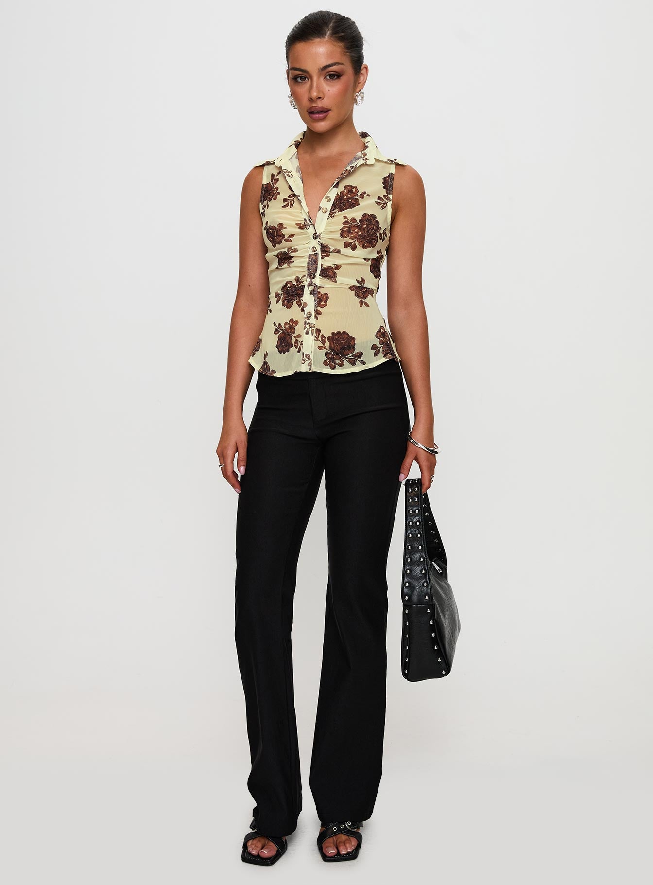 Present Tense Sheer Ruched Top Yellow Floral、mySite、solidvoid