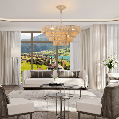 (Same as W1340P155977/L1019-5) 24" Modern 5-Layer Woven Hemp Rope Chandelier, Boho Style Pendant Light, Elegant Hanging Light Fixture for Living Room, Dining Room, Bedroom (No Bulbs)、、eastwooduniform