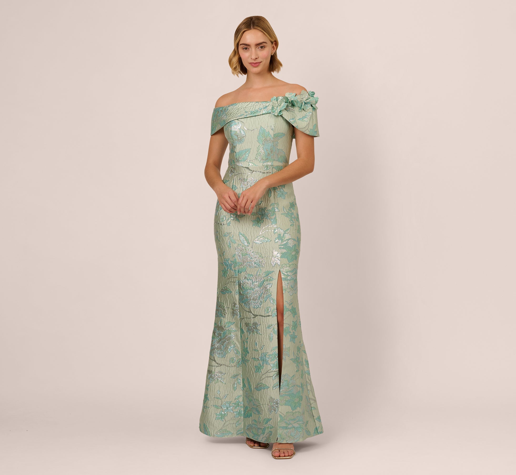 Off Shoulder Floral Jacquard Mermaid Gown In Icy Sage、mySite、solidvoid