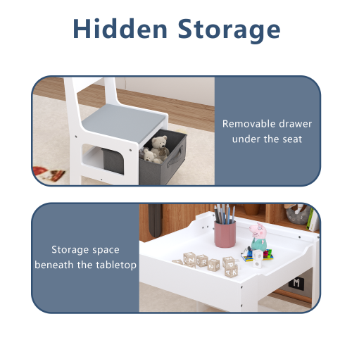 Kids Table and Chair Set, 3 in 1 Wooden Activity Table with Storage Drawer for Toddlers Drawing, Reading, Crafts, 2 in 1 Detachable Tabletop Table Set for Nursery, Playroom、、casual