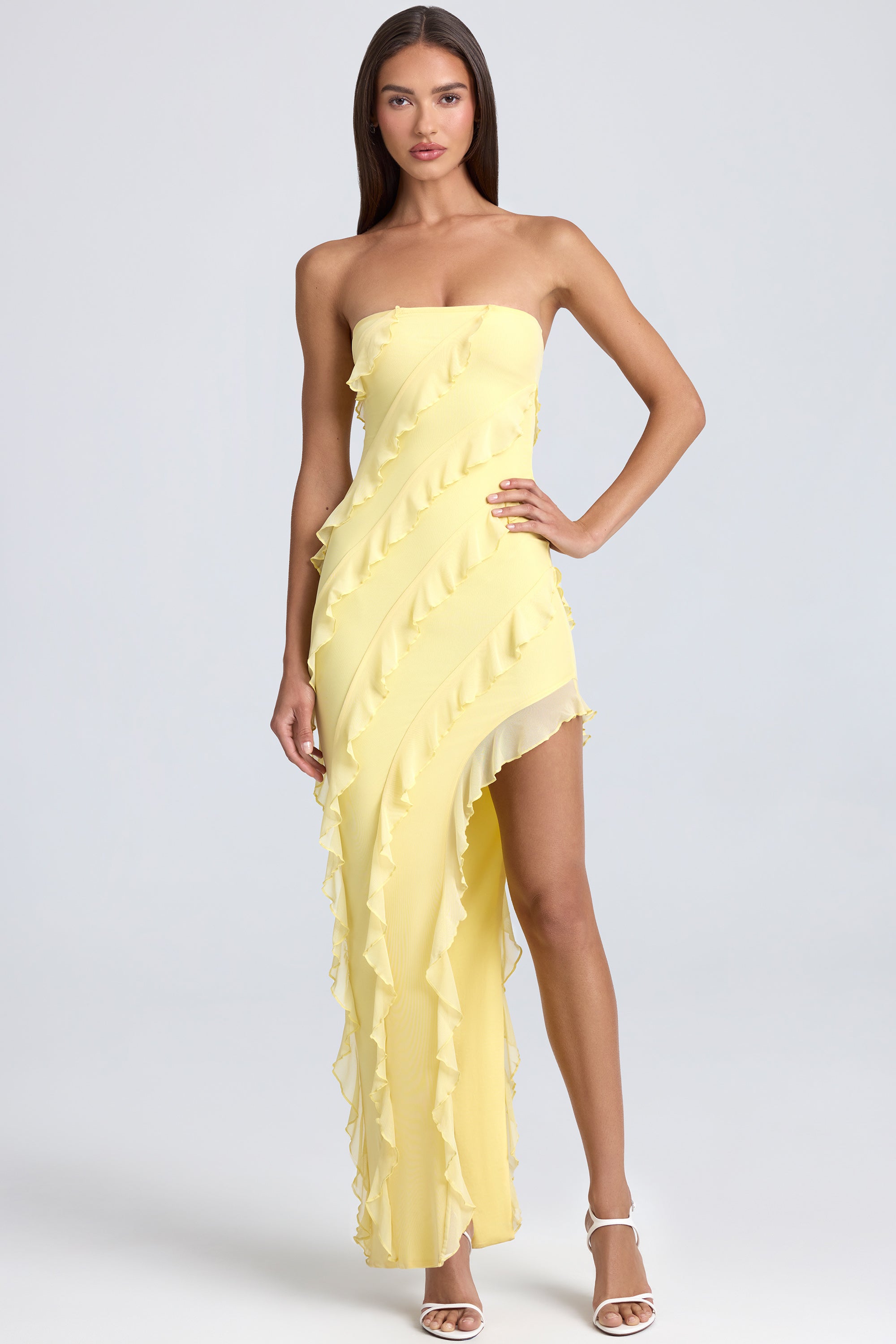 Bandeau Ruffle-Trim Maxi Dress in Lemon Sherbet、mySite、solidvoid
