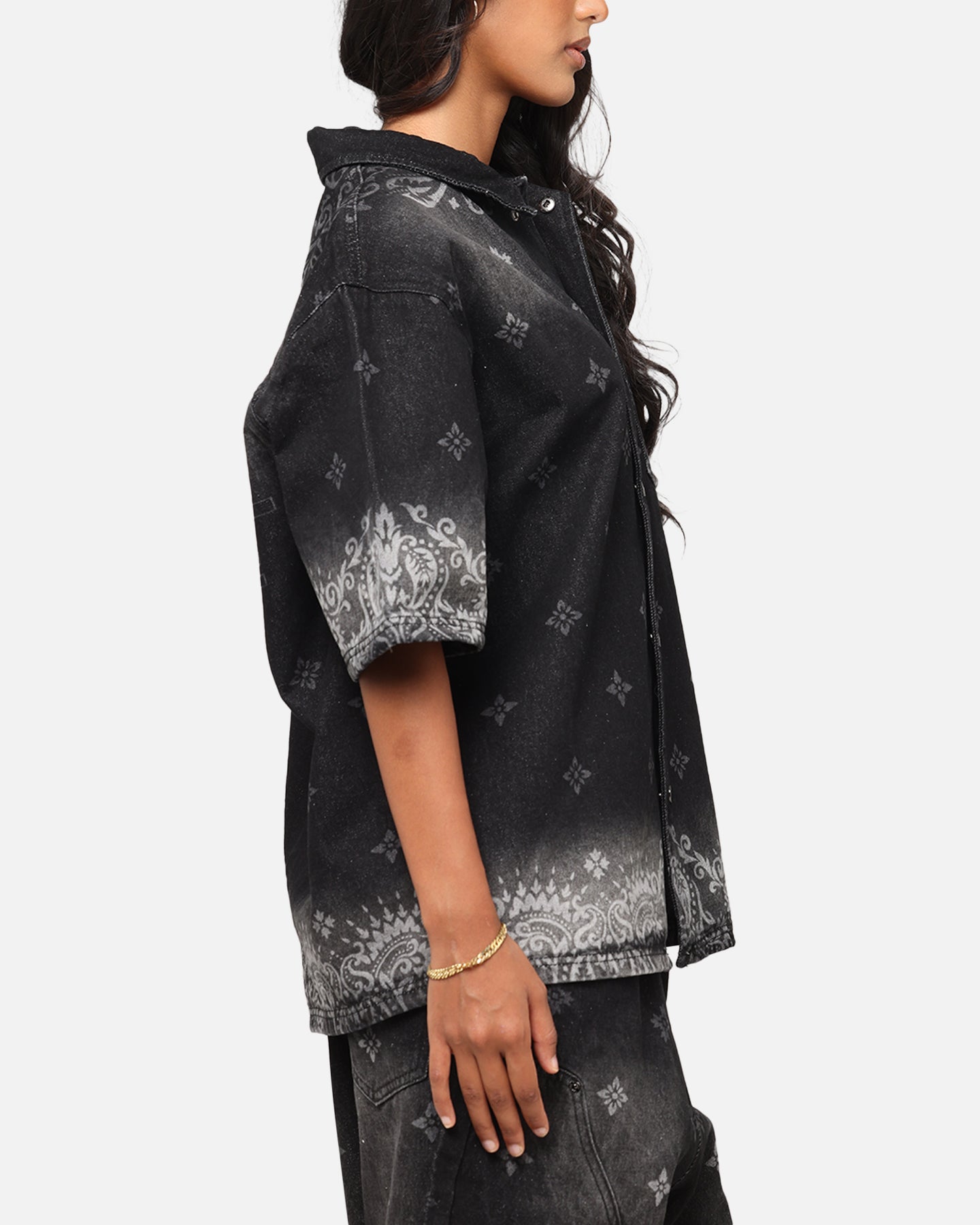 Criminal Damage Laser Print Denim Button Up Shirt Washed Black、mySite、zt4zffjzw