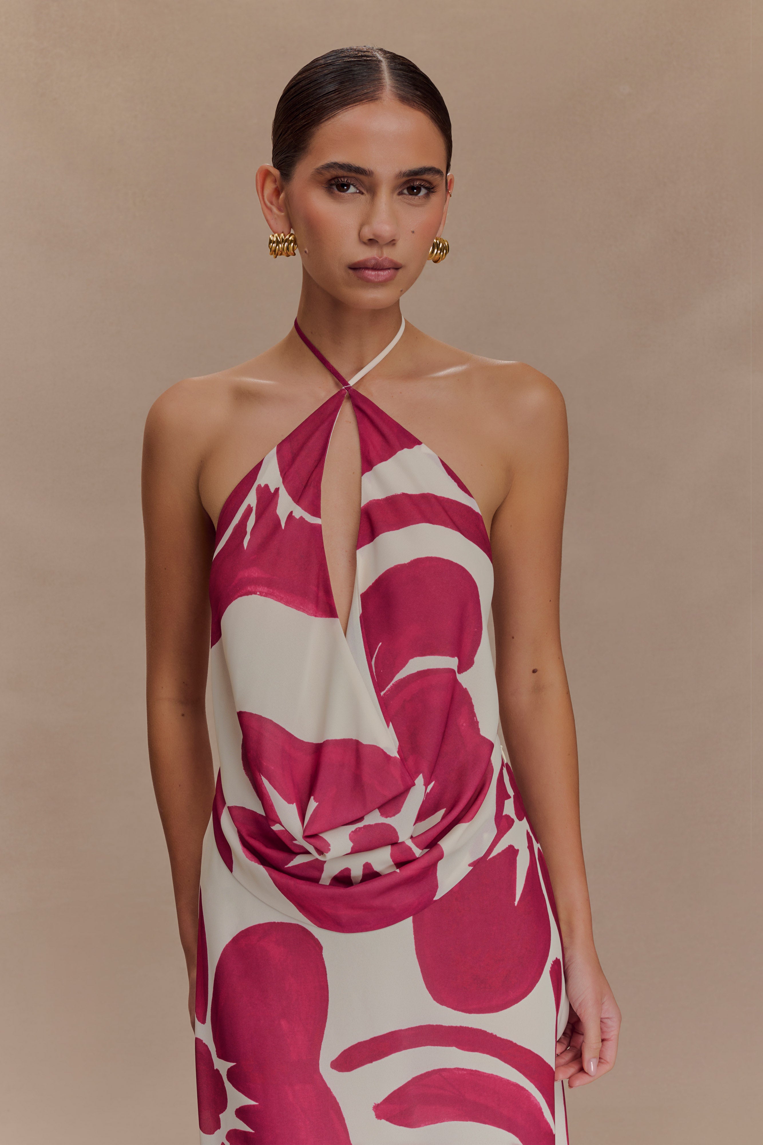 Katalina Chiffon Cowl Halter Top - Red Deco Fleur Print、mySite、solidvoid