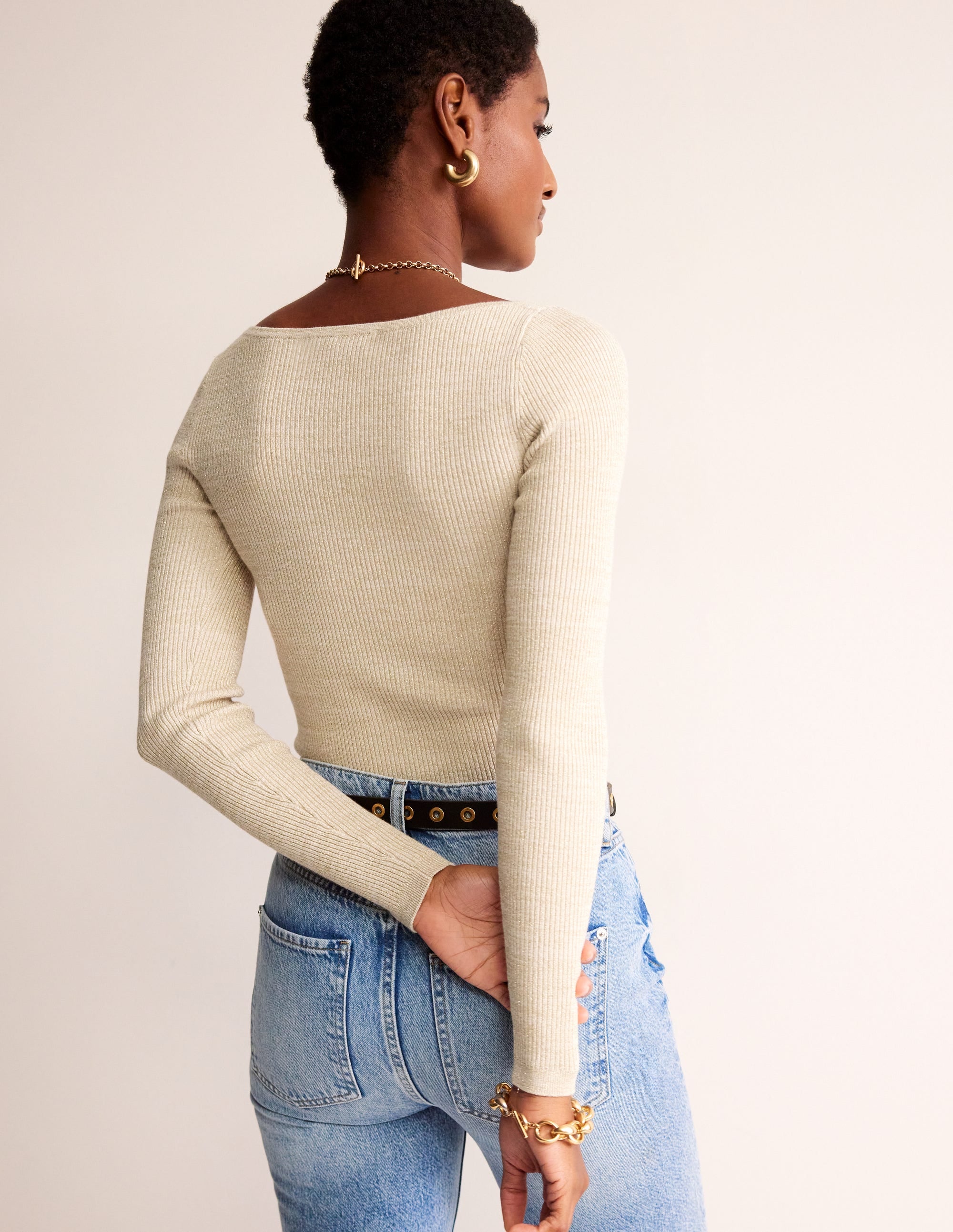  Cotton Rib Boat Neck Sweater-Gold Metallic、mySite、ashleygrahame