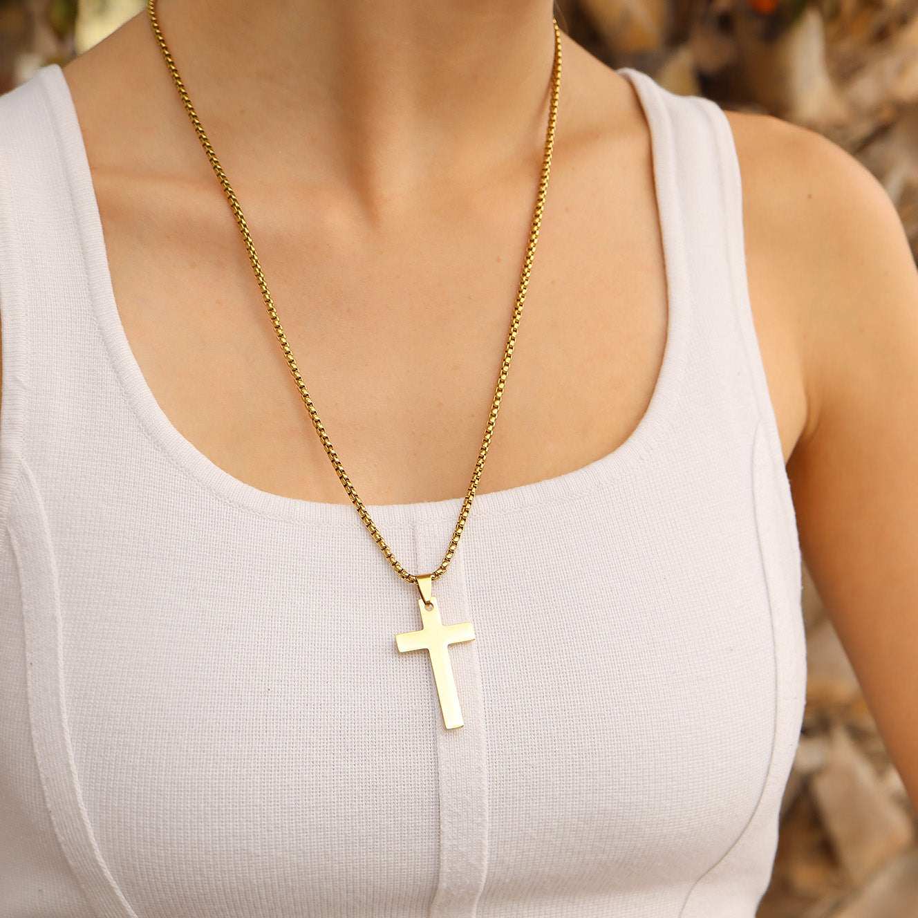 18K Gold PVD Stainless Steel Cross Pendant With Rounded Box Chain / SBB0291、mySite、dreamappss