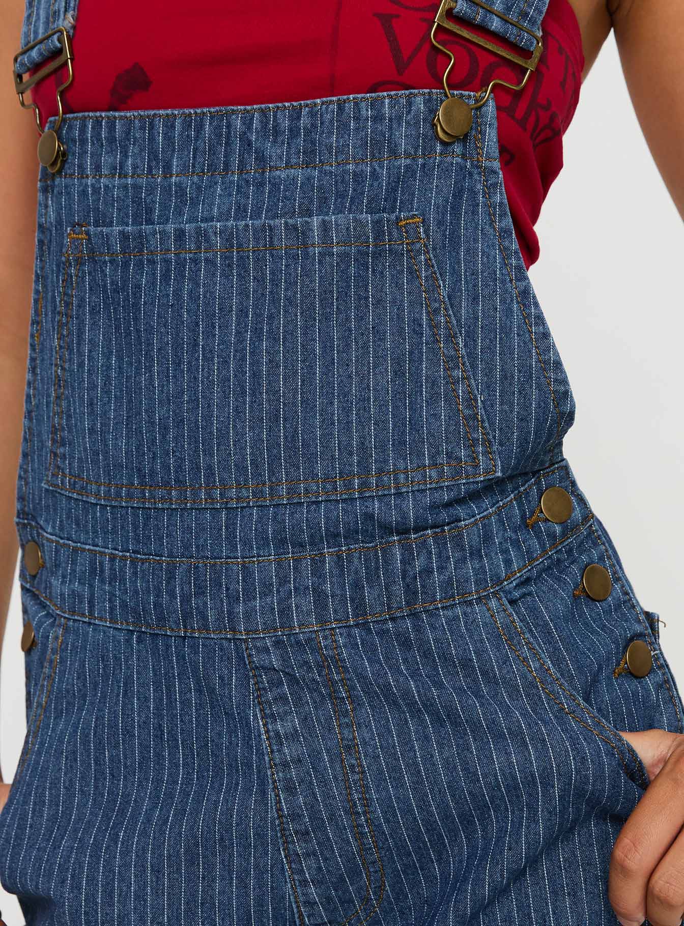 Kacey Short Overalls Mid Blue Pinstripe、mySite、solidvoid