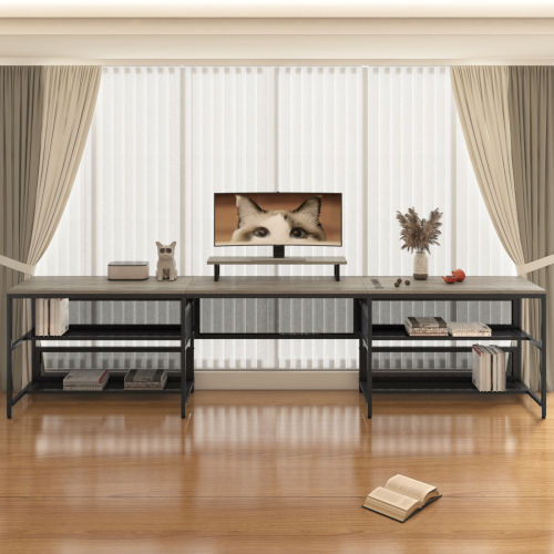 U Shaped Desk with Power Outlets & LED Strip & Monitor Stand, L Shaped Desk with Storage Shelf, Home Office Gaming Desk, Vintage、、casual