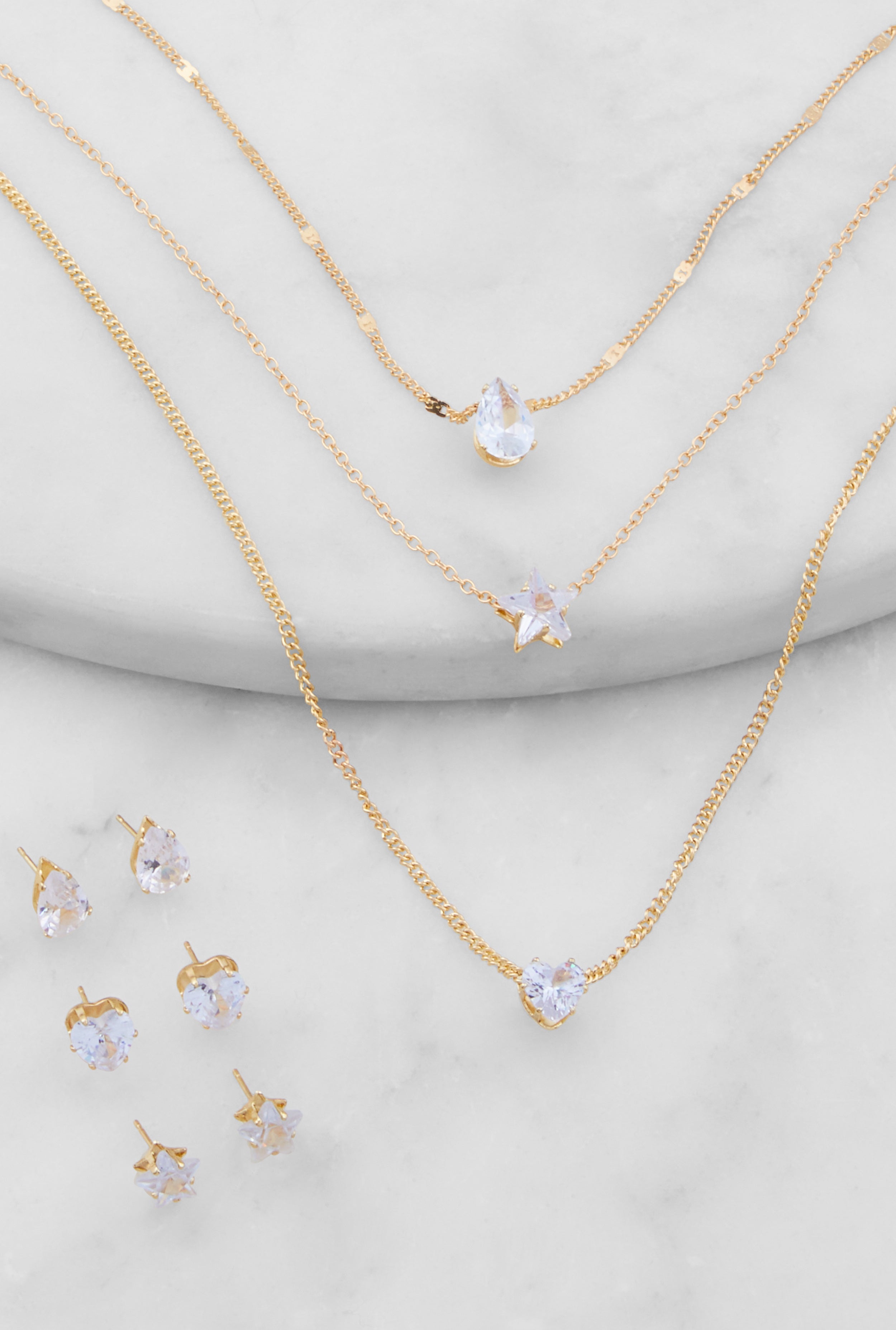 Cubic Zirconia Layered Necklace with Stud Earrings Set、mySite、camillekostekn