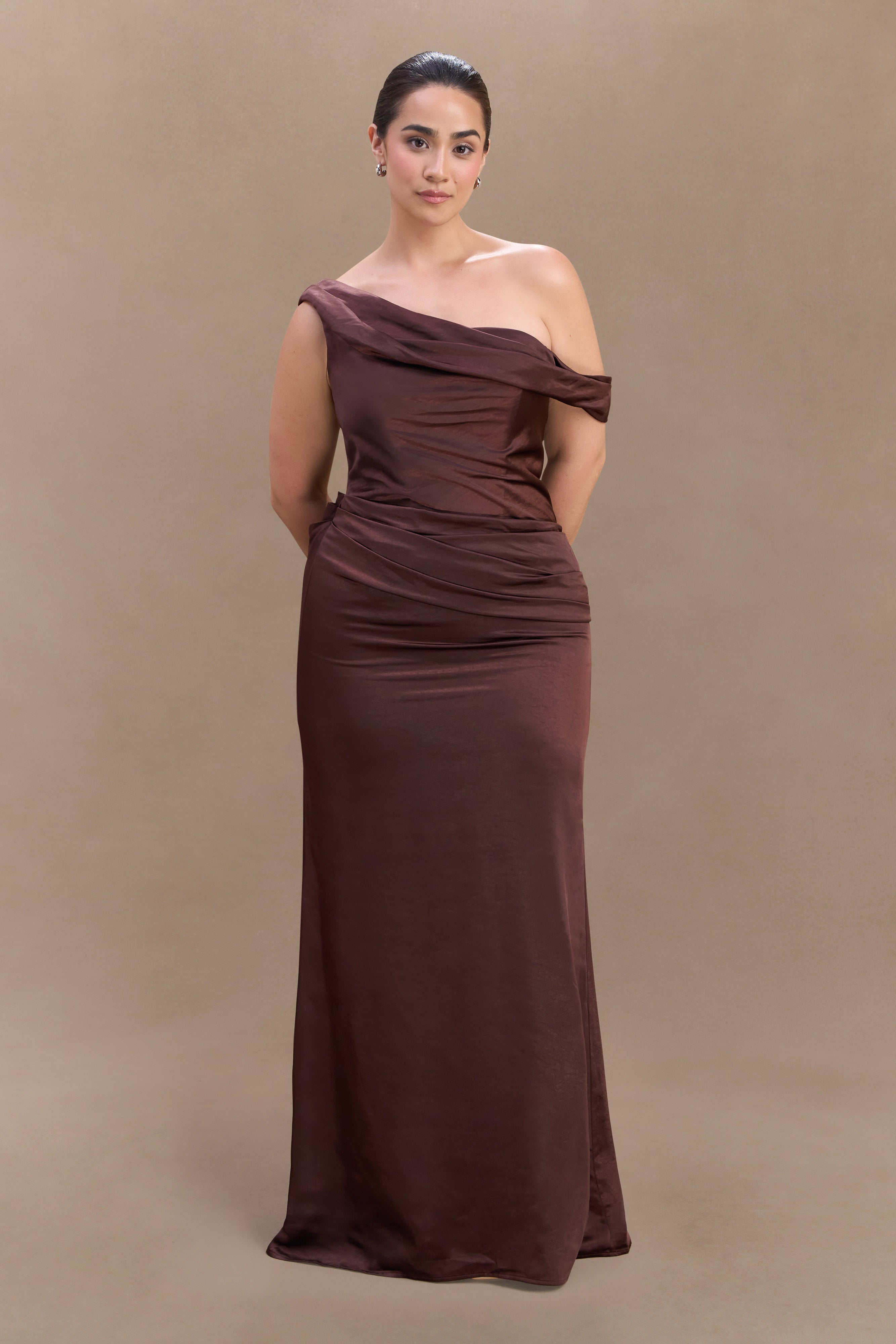 Dalia Off Shoulder Satin Maxi Dress - Dark Chocolate、mySite、solidvoid