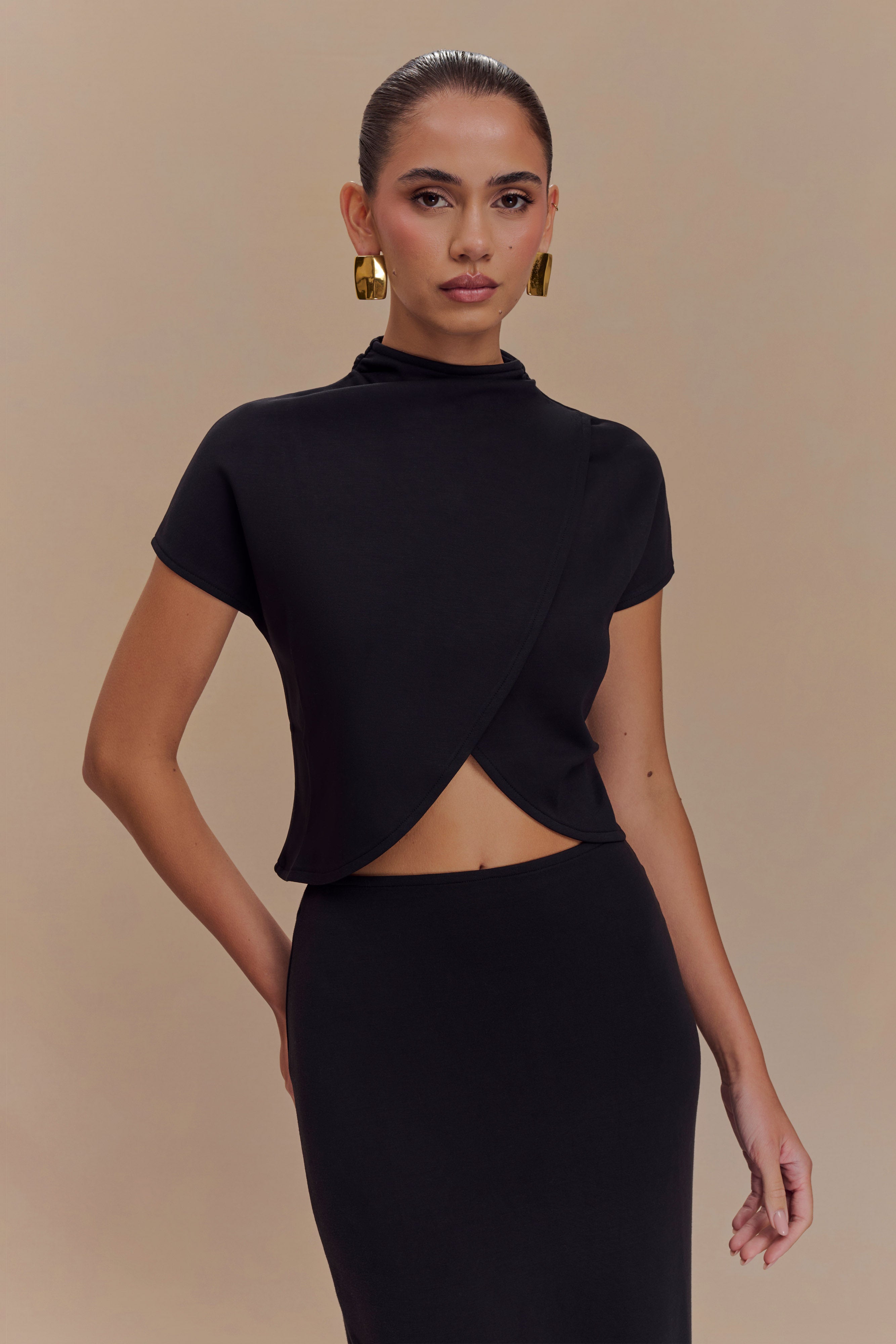 Eris High Neck Scuba Jersey Top - Black、mySite、solidvoid