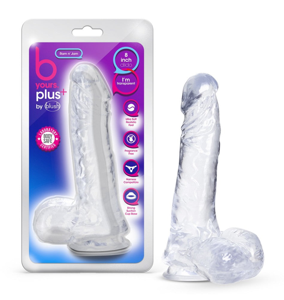 B Yours Plus By Blush® | Ram N’ Jam Realistic Clear 8-Inch Long Dildo With Balls & Suction Cup Base、mySite、bottomscart