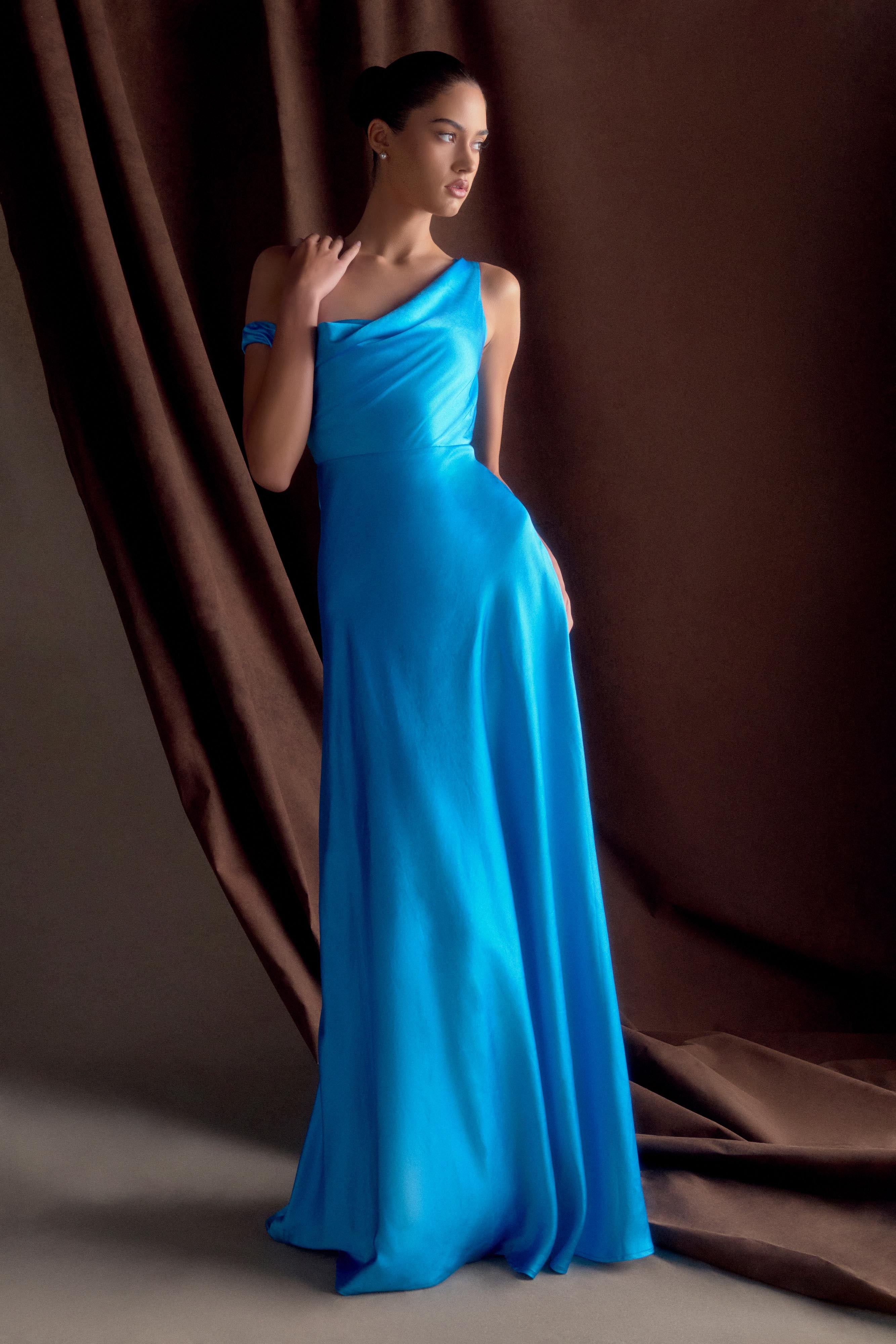 Jacinta One Shoulder Maxi Dress - Cyan Blue、mySite、solidvoid