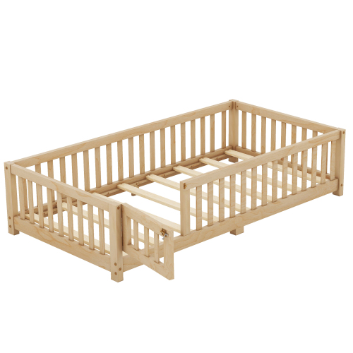 Twin Size Bed Floor Bed with Safety Guardrails and Door for Kids, Natural(Old SKU: W158090686)、、casual
