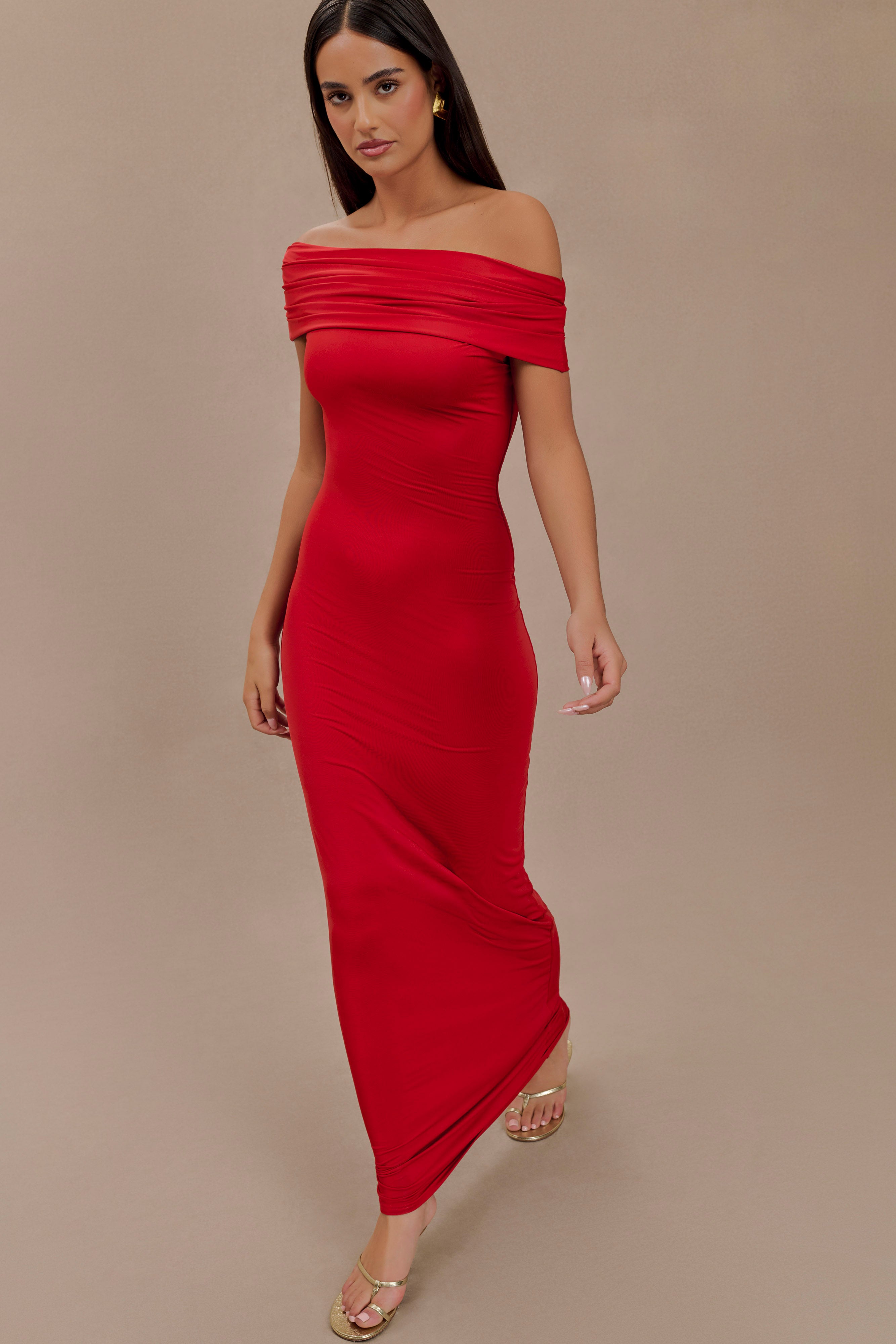 Cassandra Off Shoulder Slinky Maxi Dress - Red、mySite、solidvoid