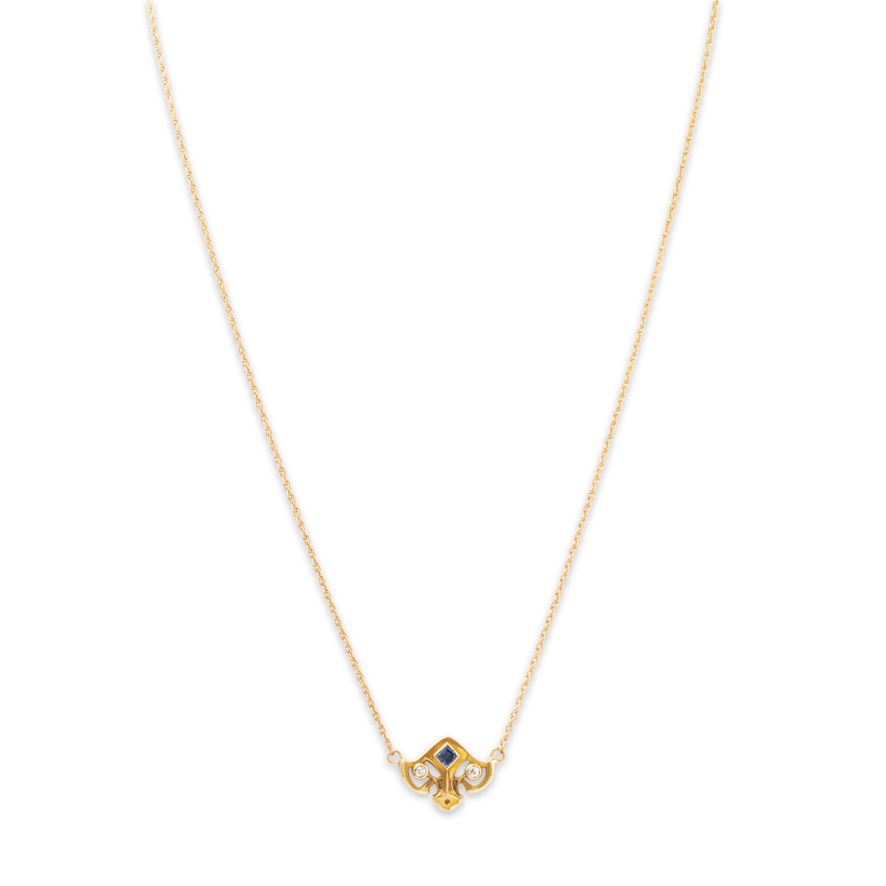 Antique 14k Yellow Gold Synthetic Sapphire Natural Diamond Necklace 17、mySite、hinf8tx79