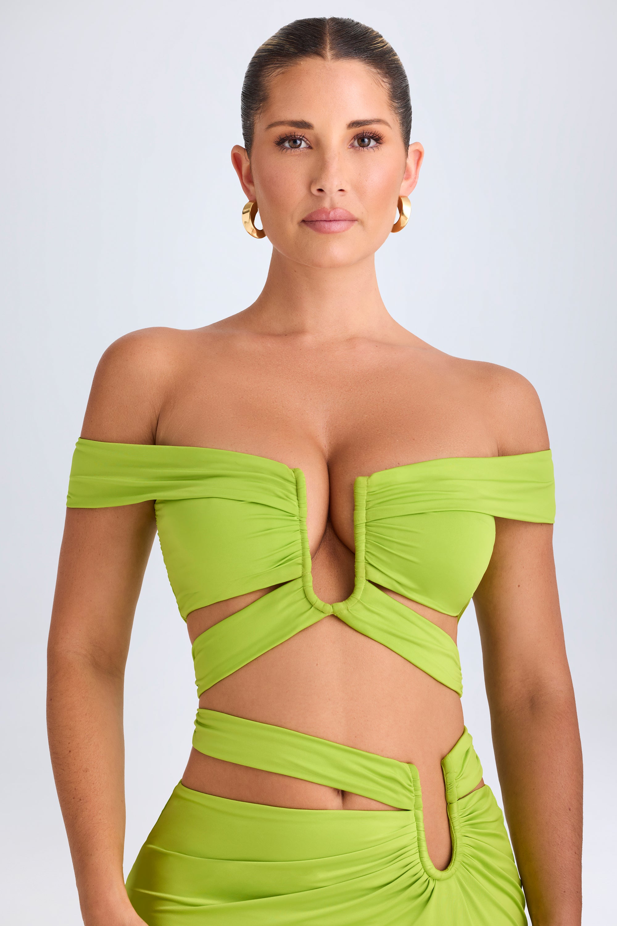 Cut-Out Off-Shoulder Crop Top in Lime Green、mySite、solidvoid