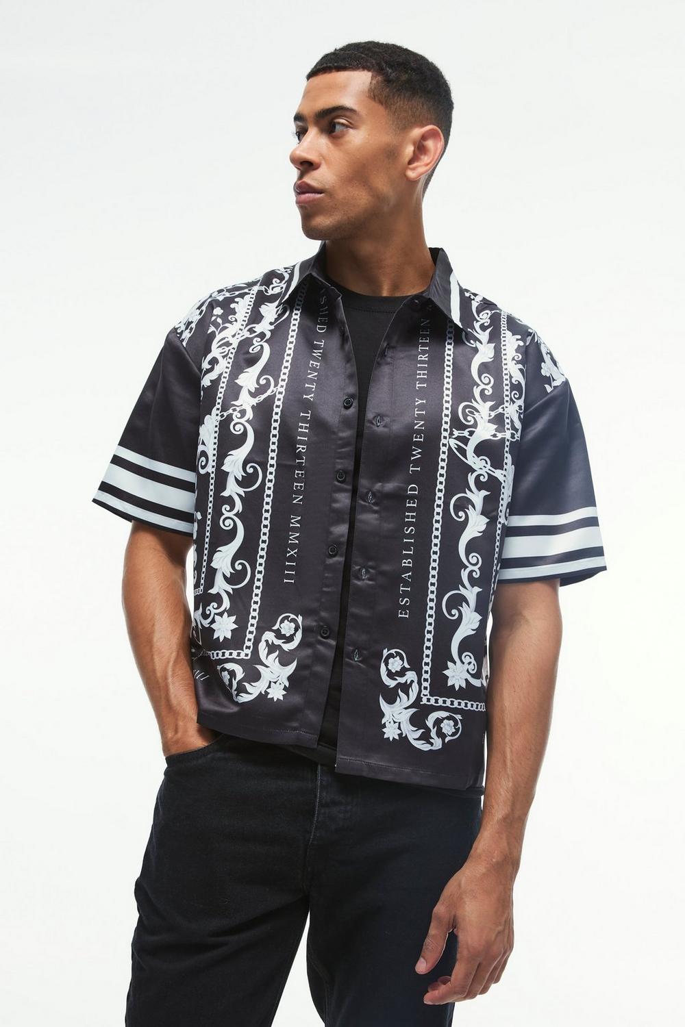  Boohooman Oversized Satin Border Print Boxy Shirt Black、mySite、justintrudeaud