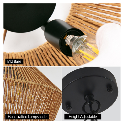 17" Boho Hemp Rope Pendant Light, Handcrafted Farmhouse Hanging Light Fixture for Kitchen Island, Dining Room, or Bedroom, Natural Finish, Adjustable Height (Bulb Not Included)、、eastwooduniform