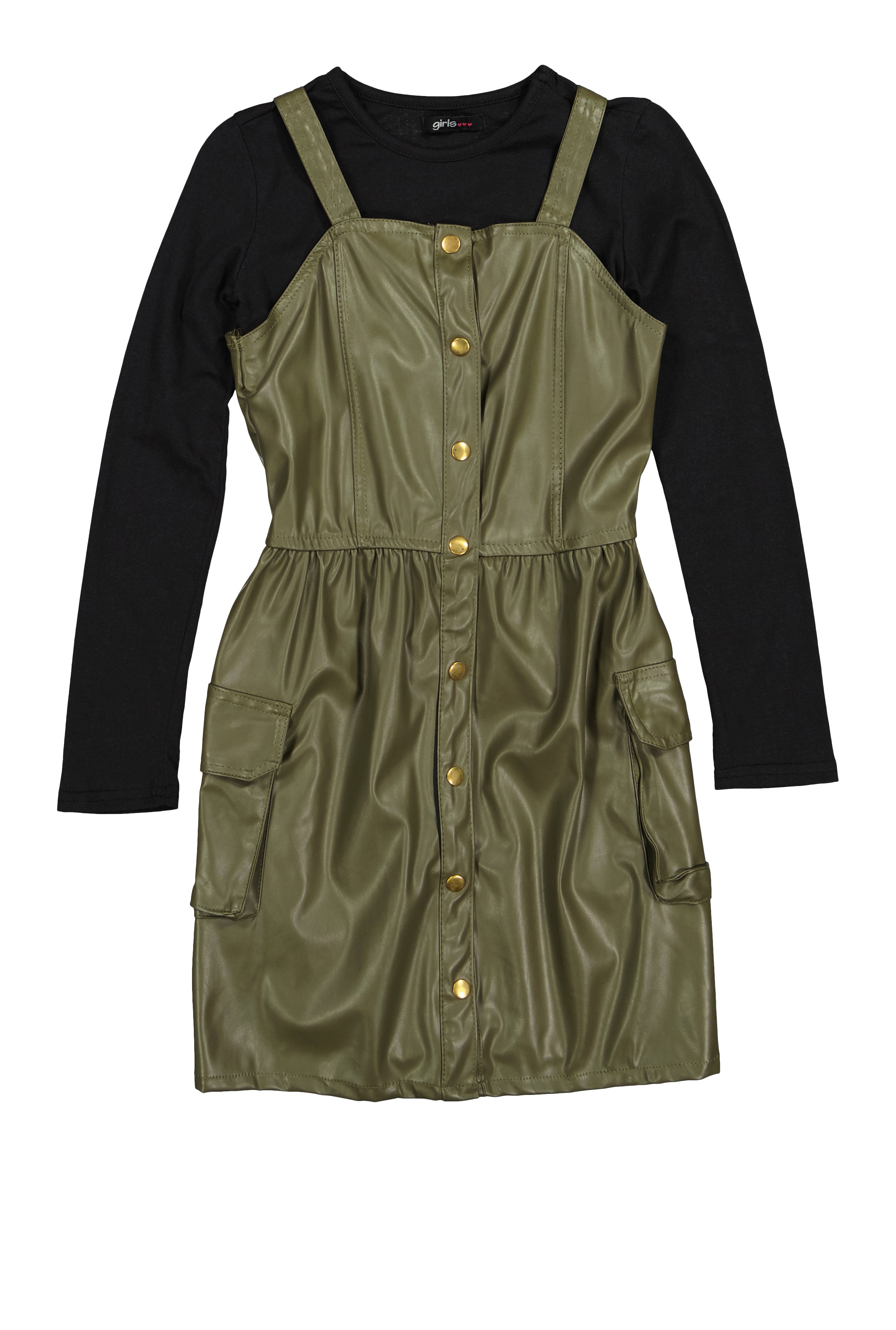Girls Faux Leather Cargo Dress with Long Sleeve Top、mySite、camillekostekn
