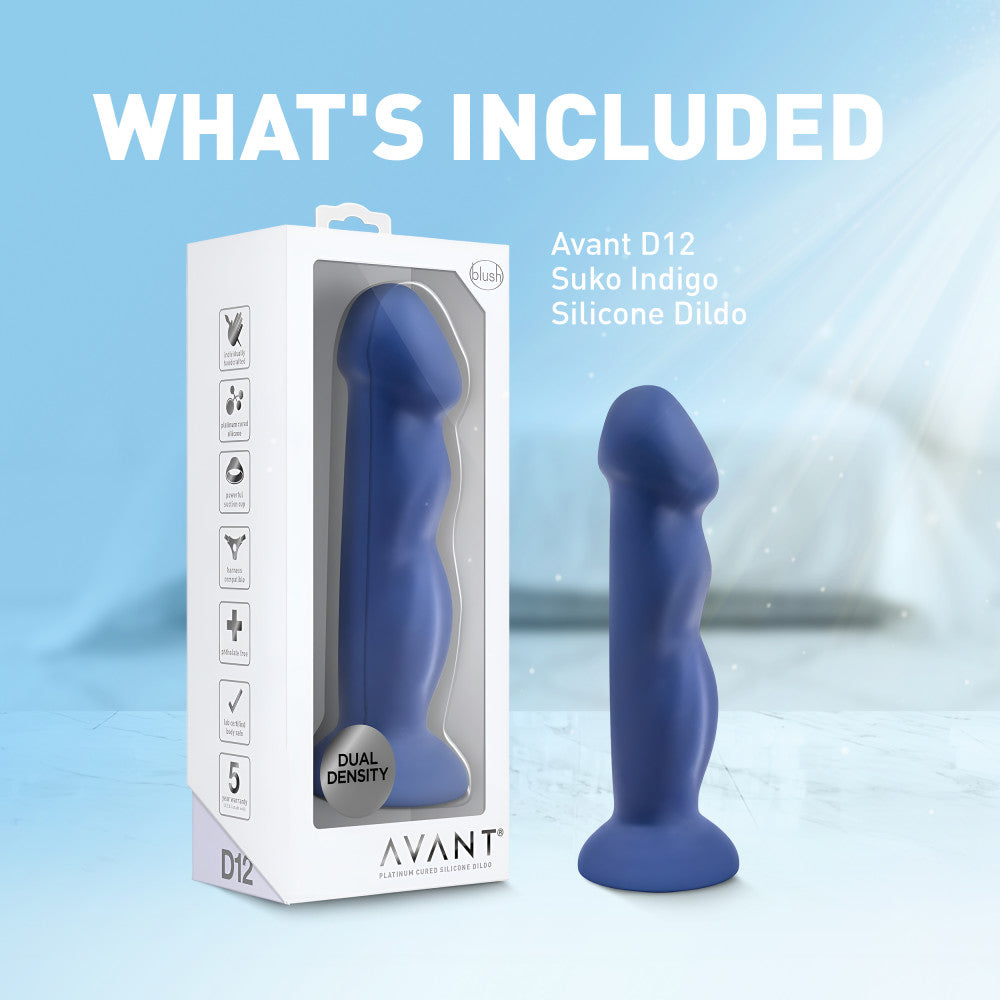 Avant By Blush® | Suko Indigo D12: Artisan 8 Inch Curved G-Spot Dildo with Suction Cup Base - Elegantly Made with Smooth Ultrasilk® Purio™ Silicone、mySite、bottomscart