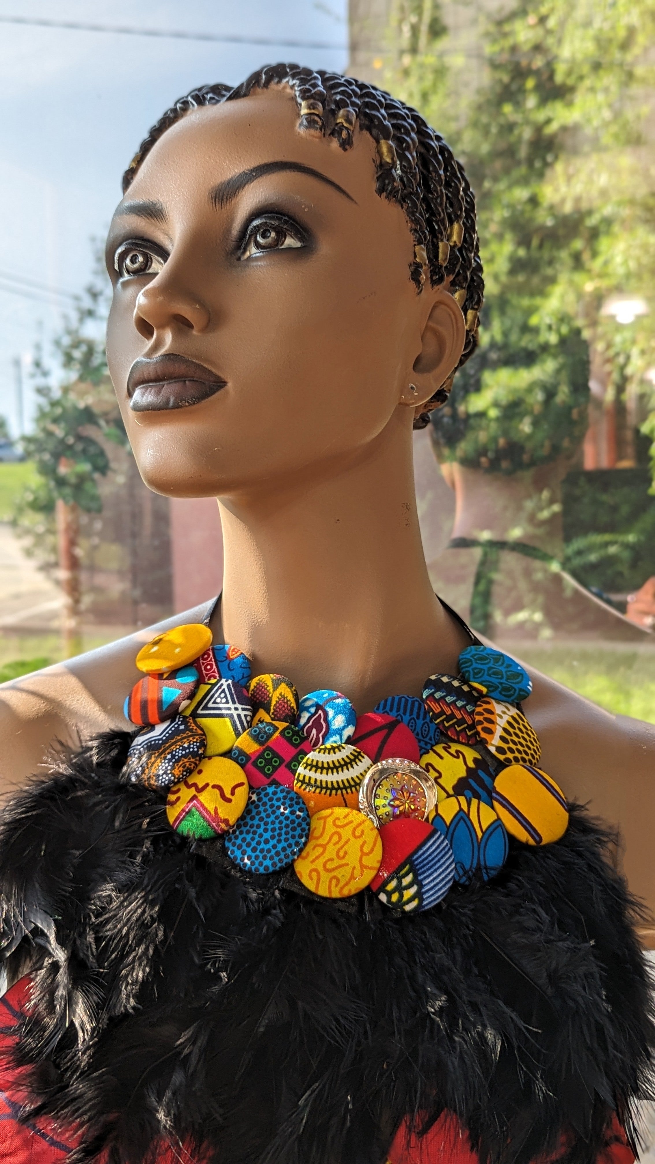 Dupsie's Ahenema Splendor Authentic Three-Tiered African Print Button and Feather Necklace-DPXJBAFW1、mySite、solidvoid