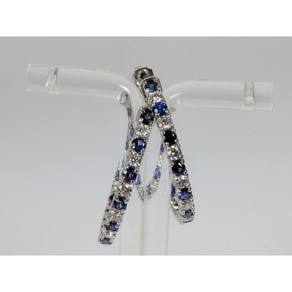 Diamond and Blue Sapphire Hoop Earrings in 14K White Gold, Made in the USA、mySite、g9winljtr